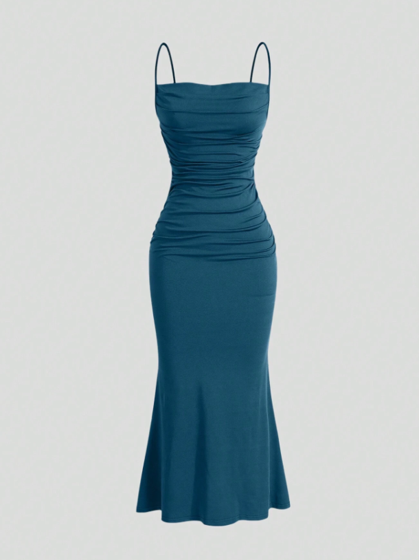 Solid Ruched Mermaid Hem Cami Dress