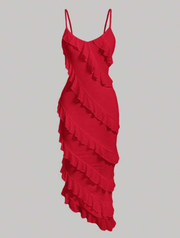 Solid Ruffle Trim Asymmetrical Hem Cami Dress Solid Ruffle Trim Asymmetrical Hem Cami Dress