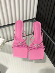 High Heel Mules With Rhinestone Heart Shape Decoration And Gold Plated Pyramid Shape Heel