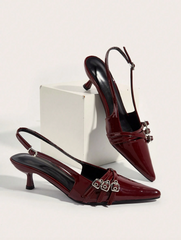 Patent Leather Pointed Toe Metal Buckle Strap Stiletto High Heels