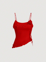 3D Rosette Frill Trim Asymmetrical Hem Cami Top