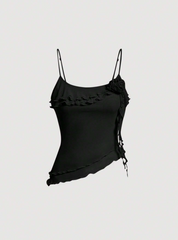 3D Rosette Frill Trim Asymmetrical Hem Cami Top