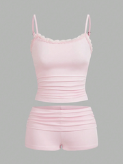 Lace Patchwork Summer Casual Cami Top And Shorts