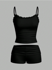 Lace Patchwork Summer Casual Cami Top And Shorts