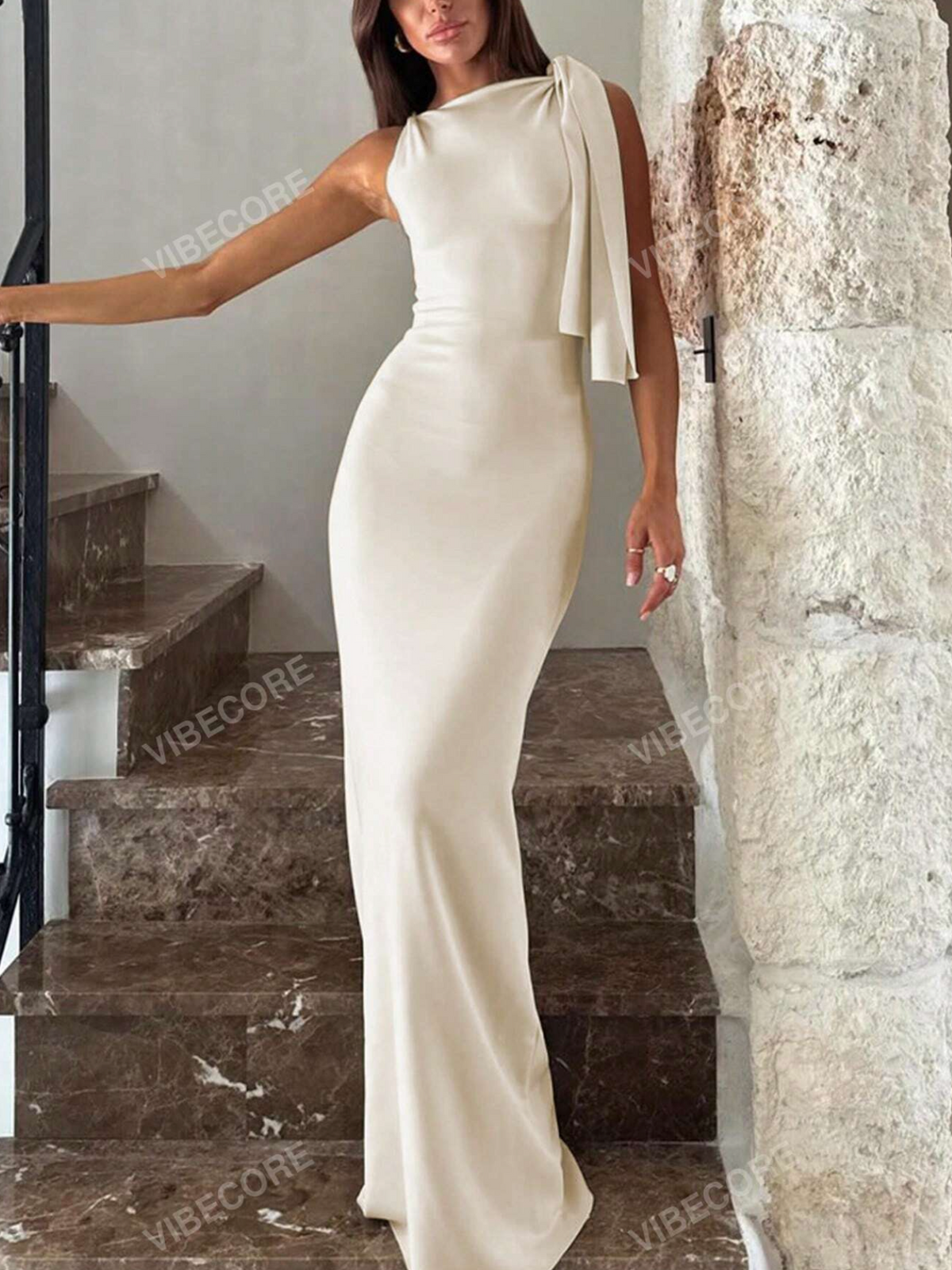 Solid One Shoulder Mermaid Hem Elegant Longline Dress