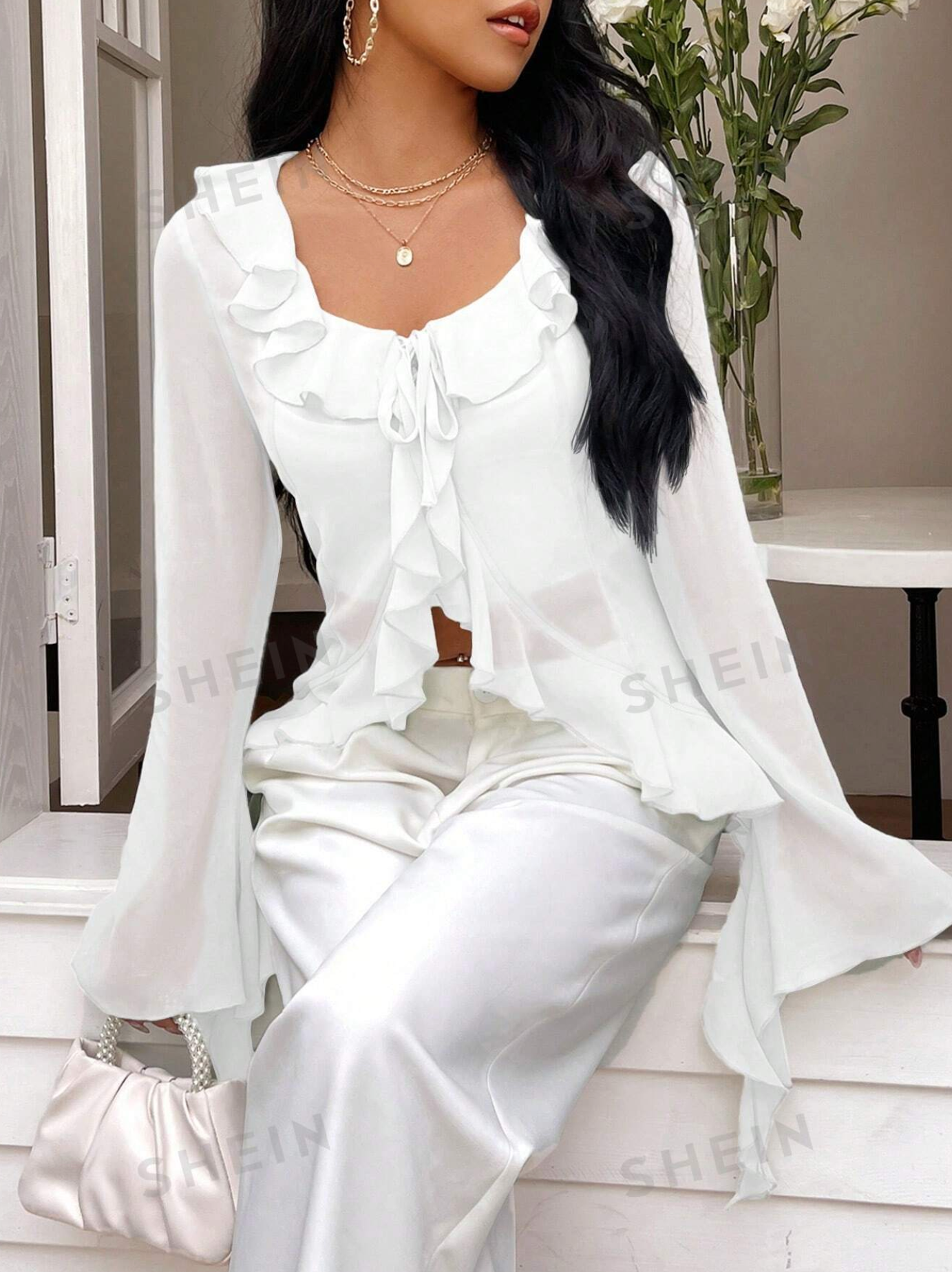 Asymmetrical Ruffle Placket Extra-Long Sleeves Shirt