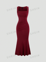 Square Neck Pleated Sleeveless Dress