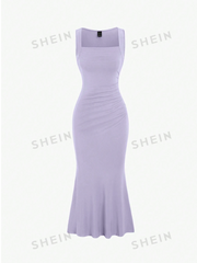 Square Neck Pleated Sleeveless Dress