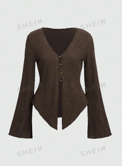 Solid Button Front Asymmetrical Hem Top