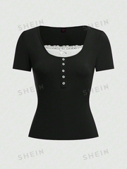 2-In-1 Lace Decorated T-Shirt With Button Placket