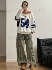 Color Block Number Print Sweatshirt