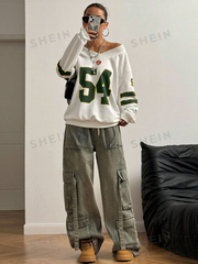 Color Block Number Print Sweatshirt