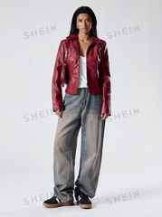 Solid Color Long Sleeve PU Leather Casual Zipper Jacket