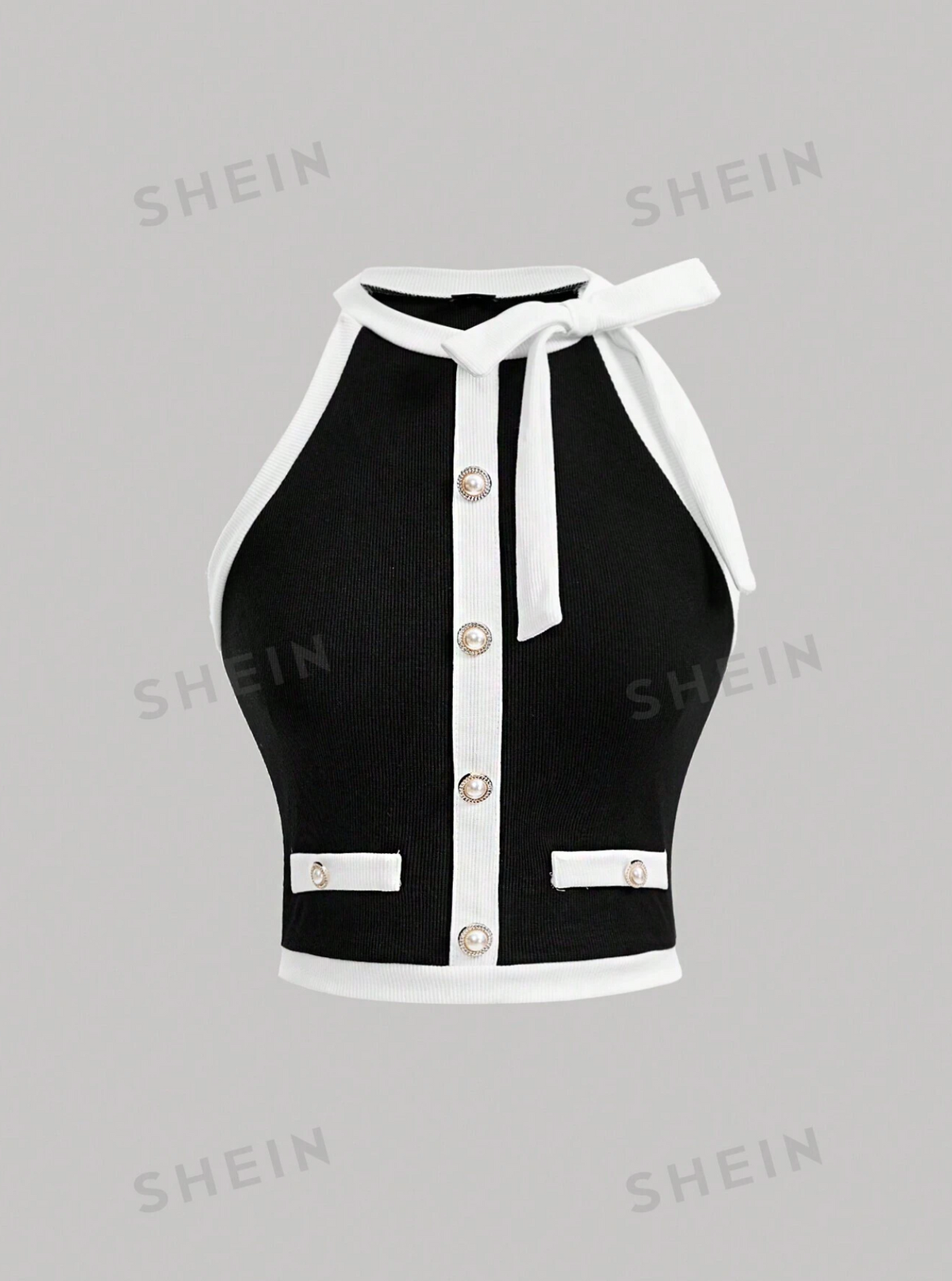 Patchwork Sleeveless Round Neck With Bow Button Top