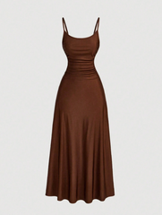Solid Color Waisted Ruching Flared Hem Cami Dress
