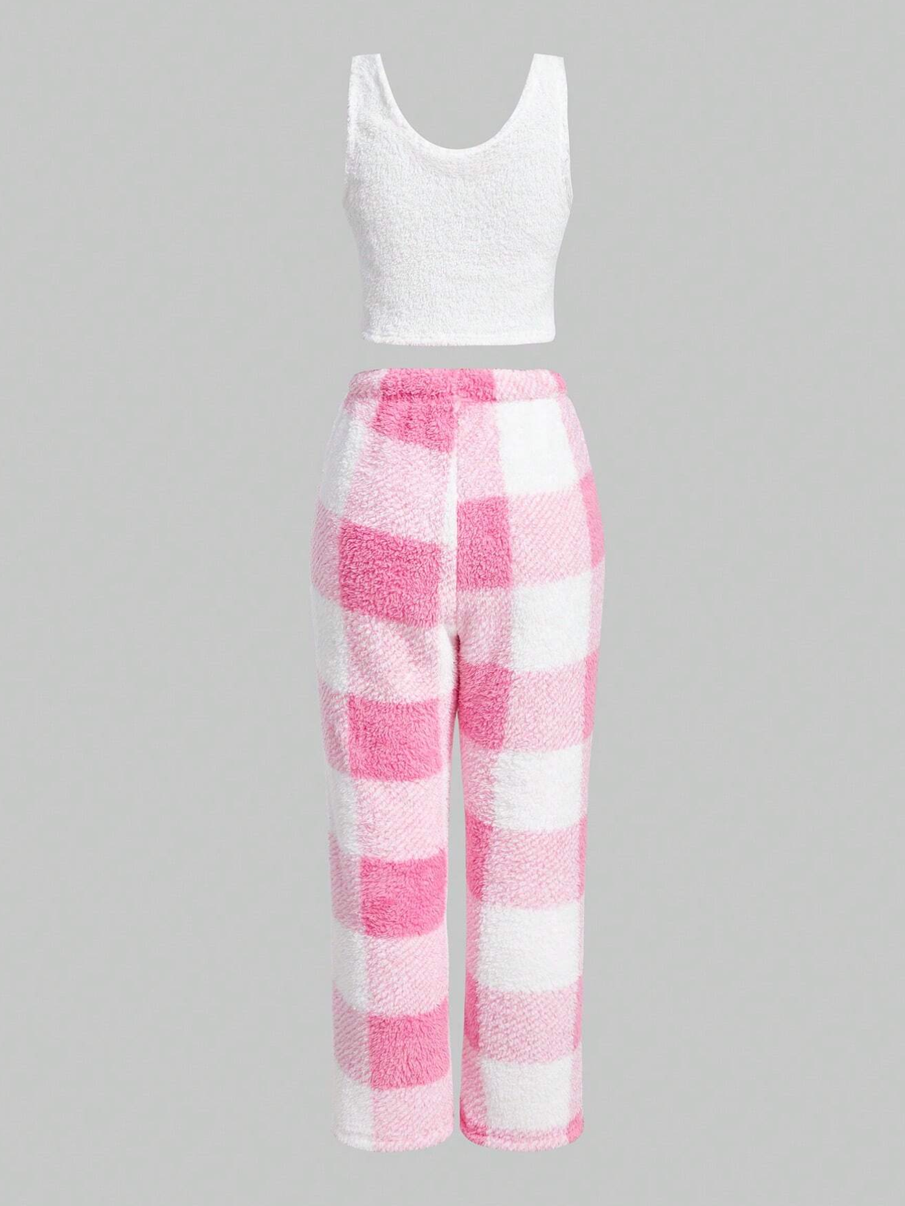Star Print Tank Top & Plaid Print Pants PJ Set