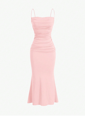 Solid Color Pleated Mermaid Hem Spaghetti Strap Dress