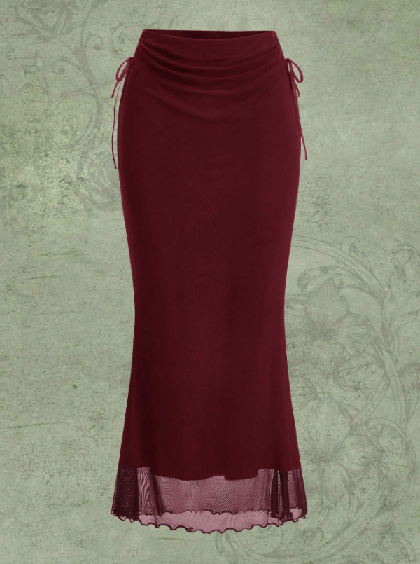 Women's Mesh Ribbon Tie Design Mermaid Hem Long Skirt