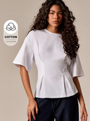 AiiRZ Cotton Peplum Top With Pleated Waist Detail Round Neck And Elbow Length Sleeves