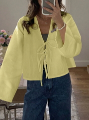 Dropped Shoulder Long Sleeve Self-Tie Front Loose Shirt