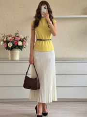Solid Color Stand Collar Cap Sleeve T-Shirt And Pleated Skirt Elegant Set Summer