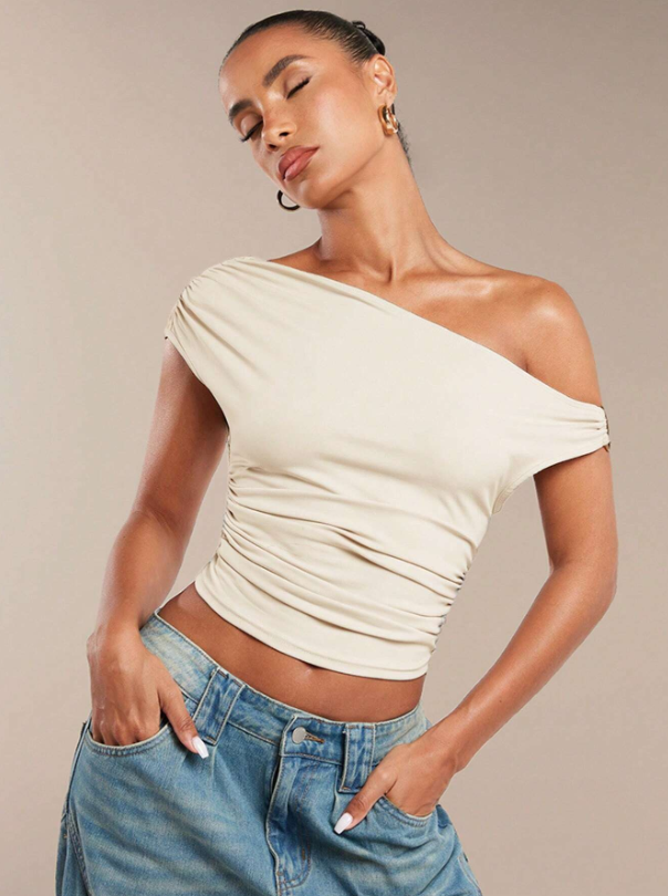 Solid Color Pleated Asymmetrical Top