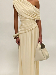 Oblique Collar Pleated Long Dress
