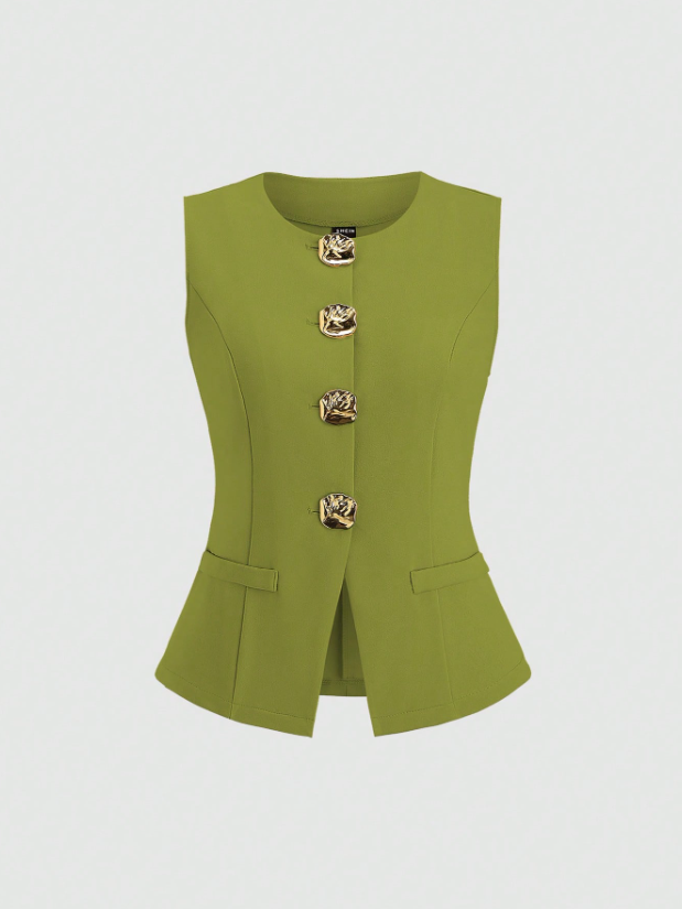 Metal Button Sleeveless Thin Blazer