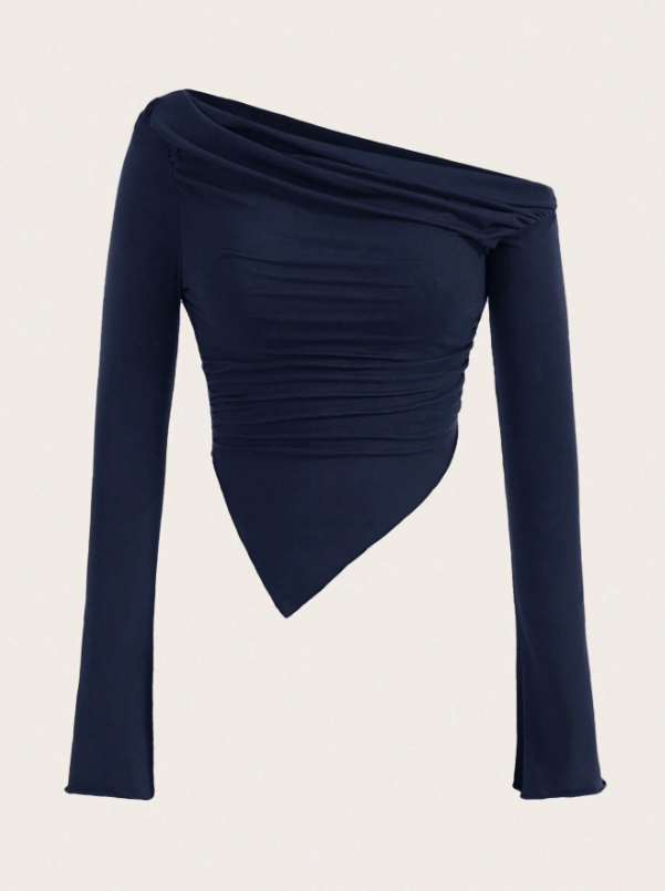 Solid Color Asymmetrical Collar Pleated T-Shirt