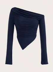 Solid Color Asymmetrical Collar Pleated T-Shirt