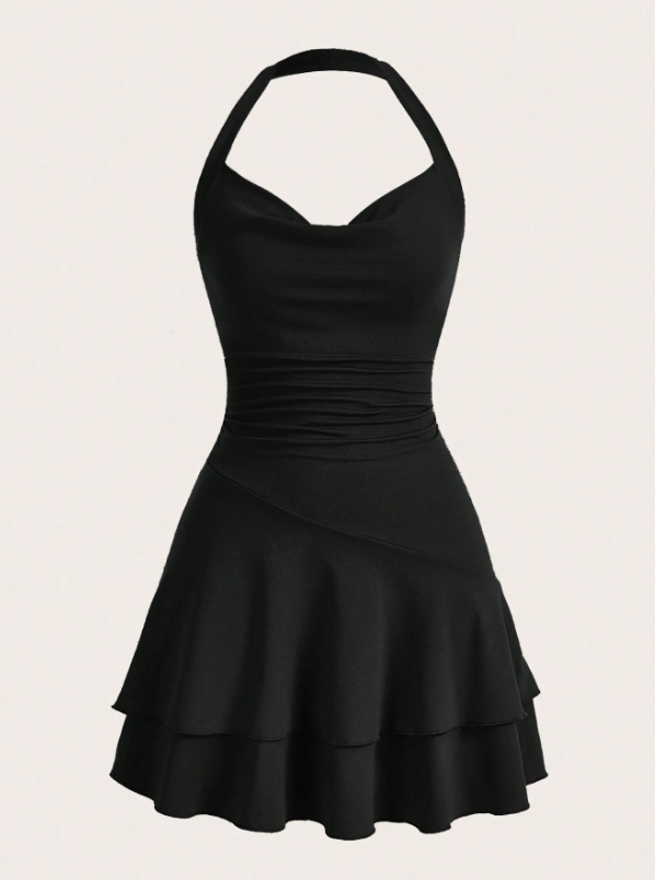 Solid Ruched Layered Ruffle Hem Halter Neck Dress