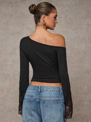 Asymmetric Neck Flare Sleeve Cropped Fitted Elegant Top