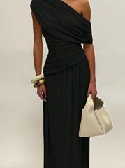 Oblique Collar Pleated Long Dress