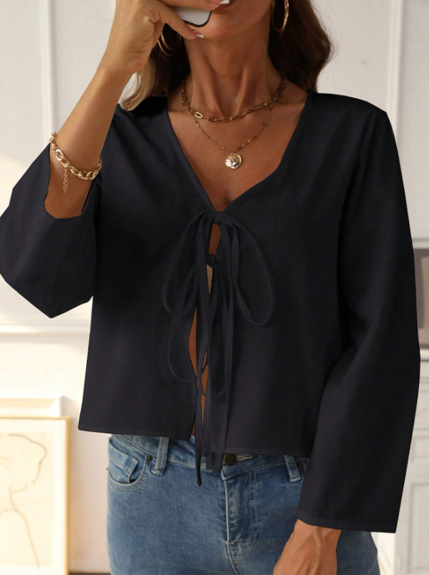 Dropped Shoulder Long Sleeve Self-Tie Front Loose Shirt