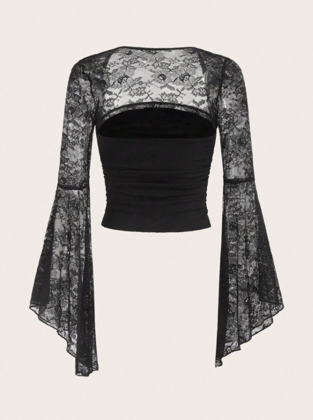 Contrast Lace Flare Sleeve Ruched Blouse