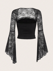 Contrast Lace Flare Sleeve Ruched Blouse