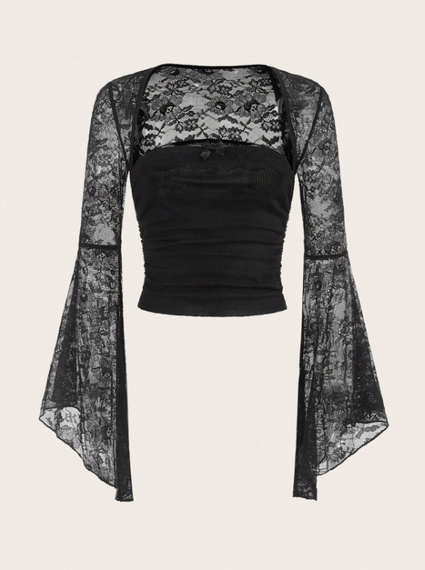 Contrast Lace Flare Sleeve Ruched Blouse