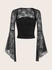 Contrast Lace Flare Sleeve Ruched Blouse