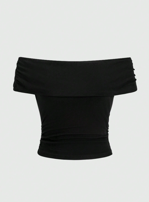 Solid Color Off-Shoulder Ruffle Slim Fit Top