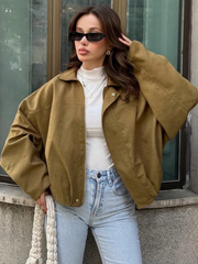 Bomber Jacket Spring Coat Loose Long Sleeves Zip Vintage Jacket