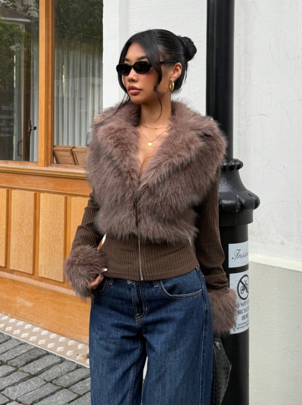 Faux Fur Zipper Long Sleeve Jacket