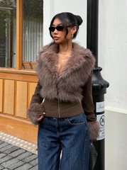 Faux Fur Zipper Long Sleeve Jacket