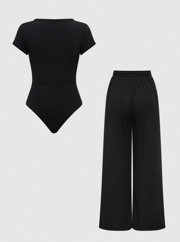 Asymmetric Hem Top And Pants Two Piece Set