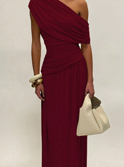 Oblique Collar Pleated Long Dress