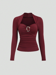 Autumn Metal Decor Button Hollow Out Women T-Shirt