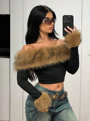 Fluffy Off Shoulder Long Sleeve T-Shirt