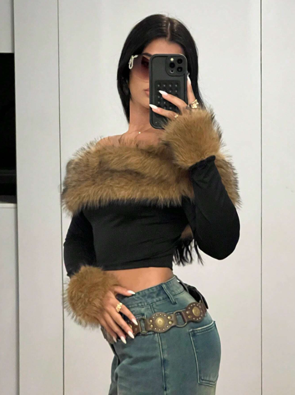 Fluffy Off Shoulder Long Sleeve T-Shirt