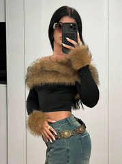 Fluffy Off Shoulder Long Sleeve T-Shirt