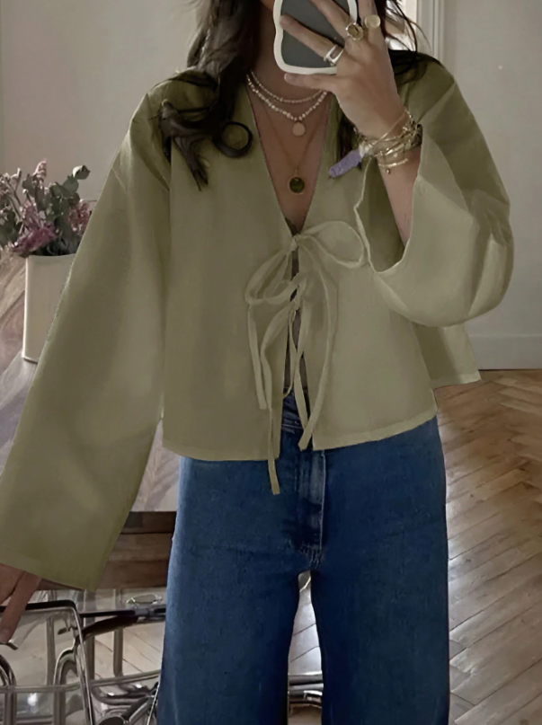 Dropped Shoulder Long Sleeve Self-Tie Front Loose Shirt