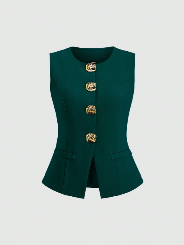 Metal Button Sleeveless Thin Blazer